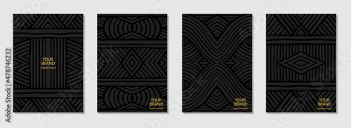 Vector set of cover design. Artistic vertical templates. Geometric 3D pattern. Collection of embossed black backgrounds. Ethnos of the peoples of the East, Asia, India, Mexico, the Aztec in the style 