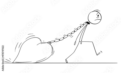 Person in Love with Heart on Chain, Loving Slave , Vector Cartoon Stick Figure Illustration