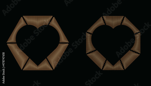 Collection of polygonal frame pattern in shape of heart with copy space. Decorative ornament in Gold Line Art style for Valentine’s Day, wedding, anniversary, invitation, hipster couples. EPS10 #01