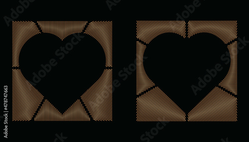Collection of square frame pattern in shape of heart with copy space. Decorative ornament in Gold Line Art style for Valentine’s Day, wedding, anniversary, invitation, hipster couples. EPS10. #07