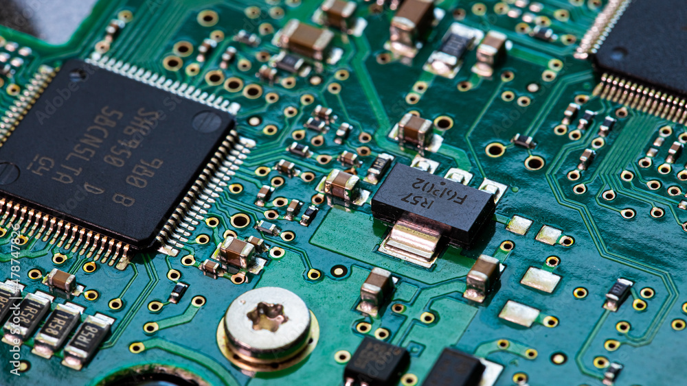 Macro Close up of components and microchips on PC circuit board Macro Close up of components and microchips on PC circuit board