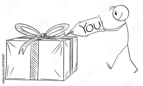 Christmas or Birthday Gift Box or Present with You Tag, Vector Cartoon Stick Figure Illustration