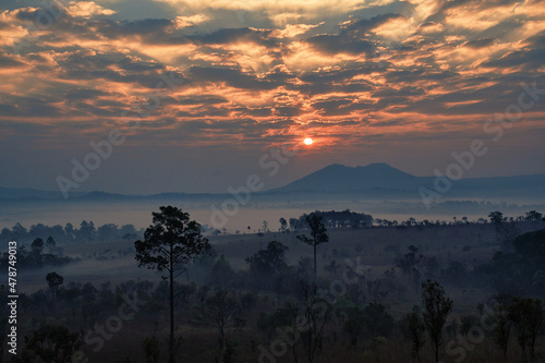 Sunrise at Thung Salaeng Luang National Park with mist in the forest, Phitsanulok and Phetchabun Provinces of Thailand