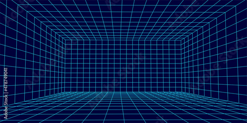 Wireframe room on the blue background. Vector perspective grid. Box with digital space.