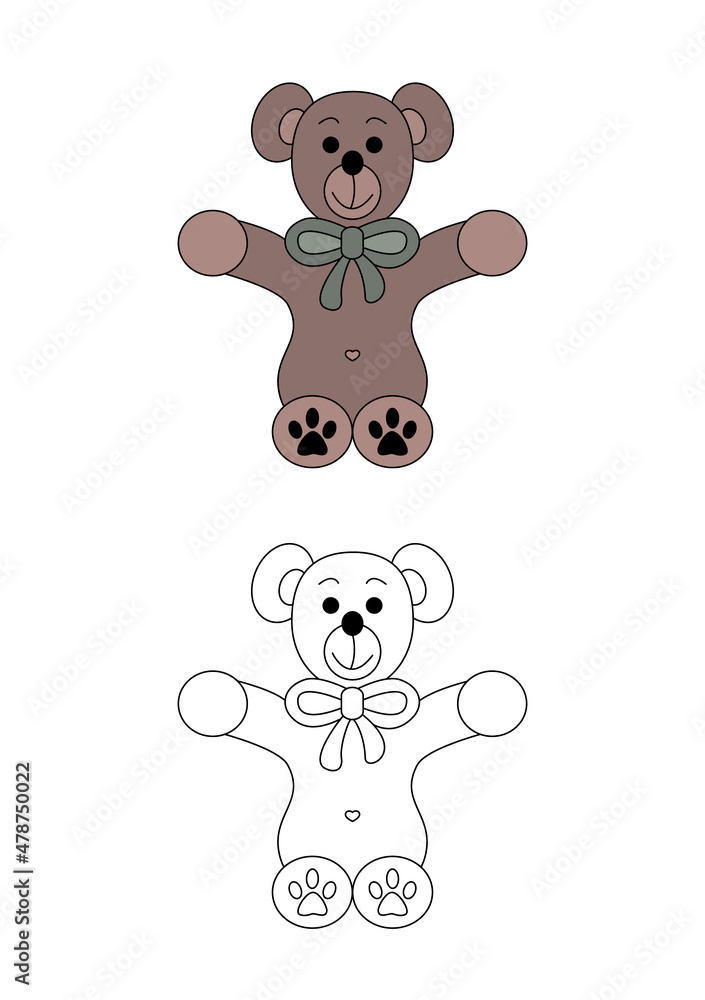 Cute teddy bear with his bow tie. Coloring page for kids. Vector illustration. Stock Vector ...