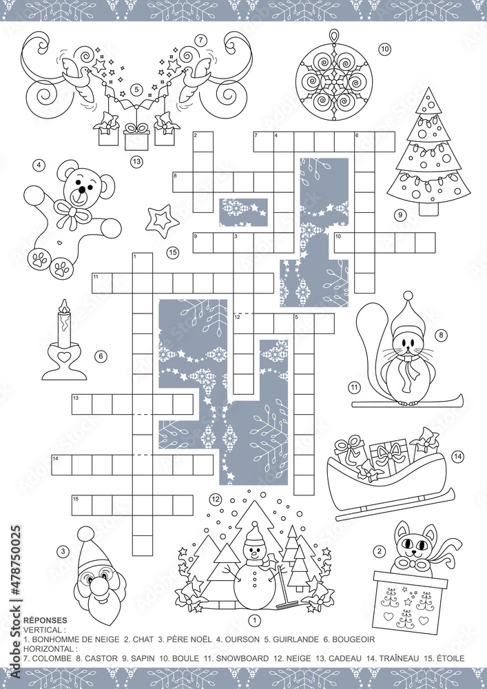 Crossword puzzle. Christmas theme crossword puzzle game. For kids. Game and Coloring page. French language.
