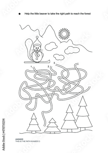 The maze game. Christmas theme. Help the little beaver get on the right path. Game and coloring. Vector illustration. English language.