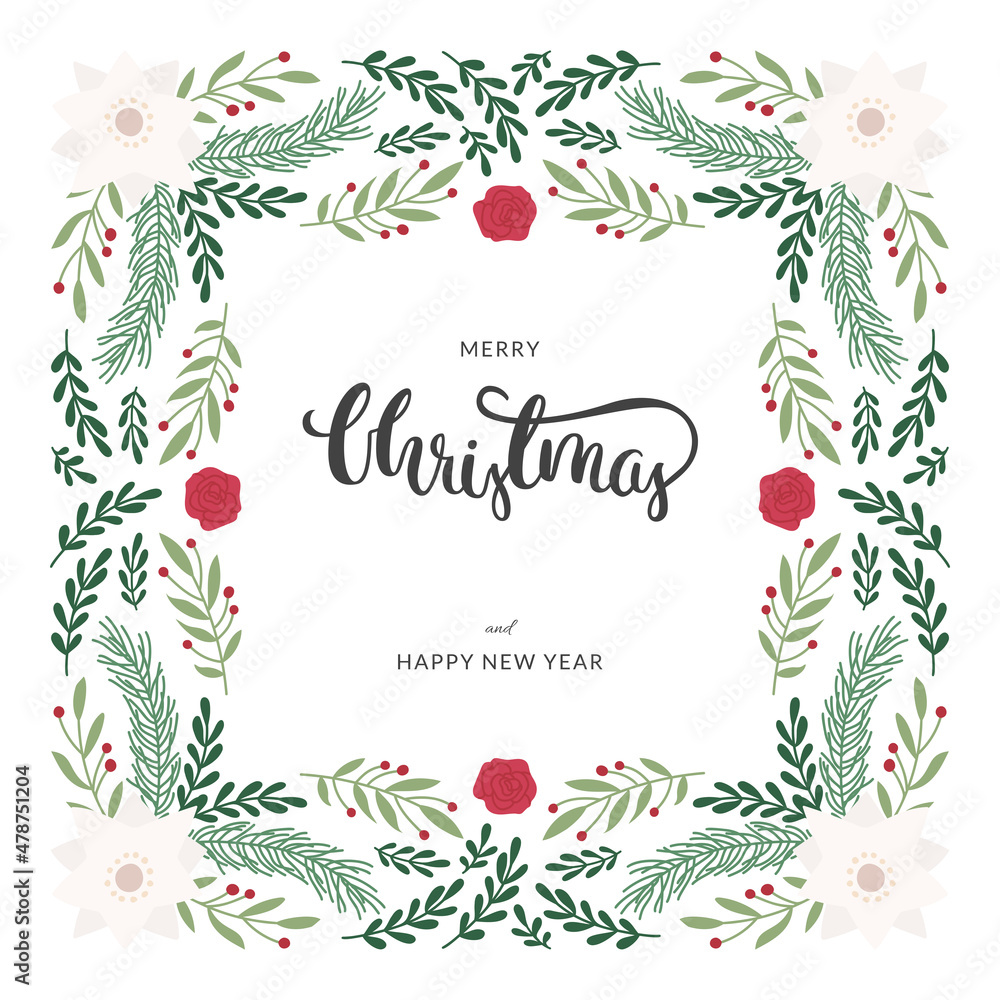 Christmas square card with floral border and brush calligraphy. Flat elegant floral illustrations. Vector isolated on white background.