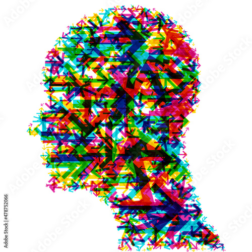 A side human profile comprised solely of a random pointing pattern of multi-sized translucent coloured arrows. 
