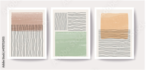 Set of minimalist watercolor texture poster with hand-drawn lines, vector template with primitive shapes elements, modern hipster card style
