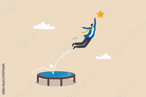 Tela Reach success, improvement or career development, business tools advantage to reach goal or target, growth and achievement concept, businessman bounce on trampoline jump flying high to grab star
