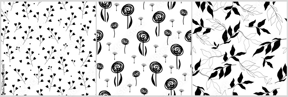 Spring-summer seamless pattern set is a simple, abstract, minimalistic monochrome set. Delicate flowers, dandelions, leaves, branches. Vector graphics.
