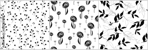 Spring-summer seamless pattern set is a simple, abstract, minimalistic monochrome set. Delicate flowers, dandelions, leaves, branches. Vector graphics.