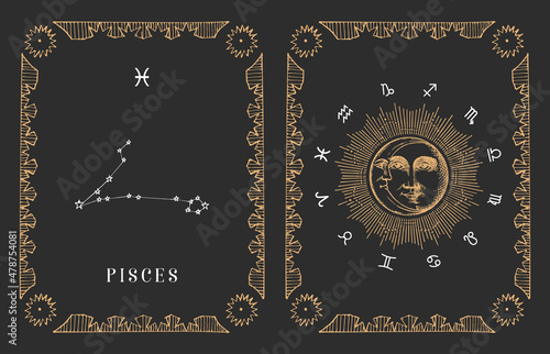 Pisces zodiac constellation, old card in vector.