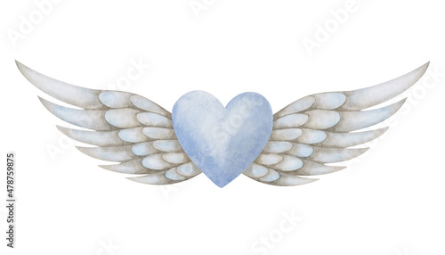 Canvas Watercolor illustration of hand painted blue heart with grey bird spread wing feathers as angel Cupid, cherub