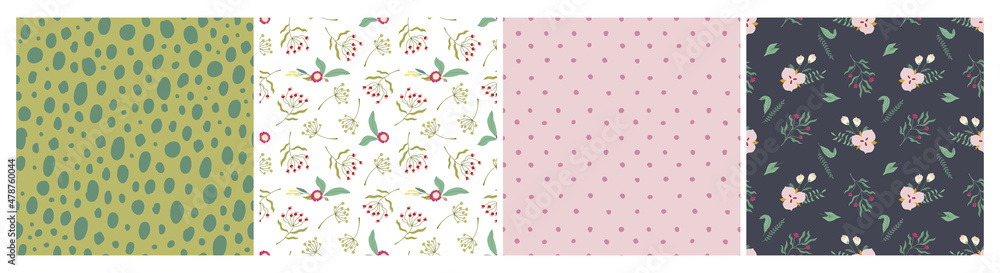 Set of patterns with modern flat floral and doodle illustrations. Green, pink, black and white patterns. For prints, backgrounds, wrapping paper, textile, linen, wallpaper, etc. Set of patterns with modern flat floral and doodle illustrations. Green, pink, black and white patterns. For prints, backgrounds, wrapping paper, textile, linen, wallpaper, etc.