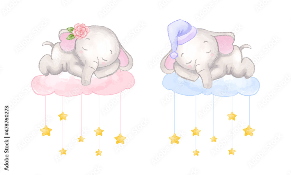 Cute baby elephant sleeping in the cloud. Watercolor style vector Stock ...