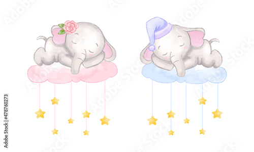 Cute baby elephant sleeping in the cloud. Watercolor style vector