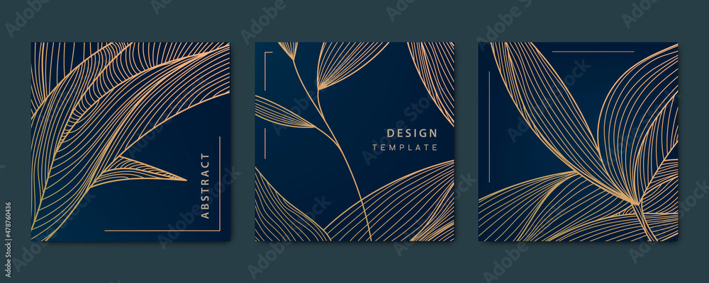 Vector set of abstract luxury golden square cards, post templates for social net, leaves botanical modern, art deco wallpaper background. Pattern, texture for print, fabric, packaging design - obrazy, fototapety, plakaty 