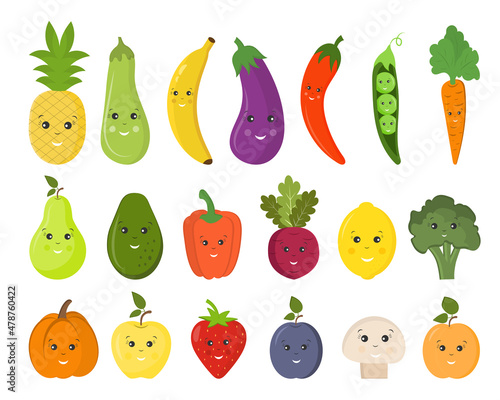 Wallpaper Mural Collection of cute smiling funny childish fruits and vegetables. Banana, cherry, strawberry, lemon, orange. A couple of fruits. Design for the decoration of children's stationery, textiles Torontodigital.ca