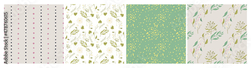 Set of patterns with modern flat floral and doodle illustrations. Green, gray and white patterns. For prints, backgrounds, wrapping paper, textile, linen, wallpaper, etc.
