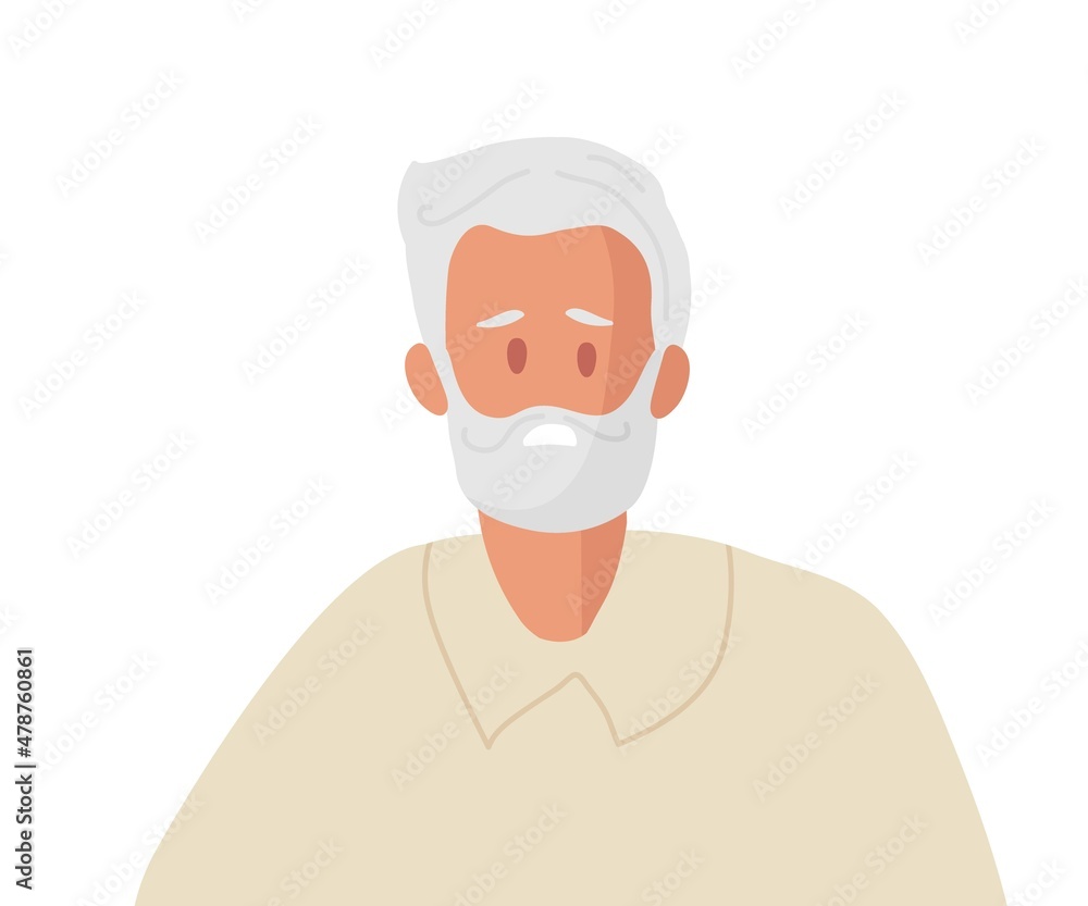 Sad elderly Man. Tired old man with beard with gray hair. Mature Man experiences stress, detression, fear, confusion. Mental health concept vector for elderly man. Flat vector illustration