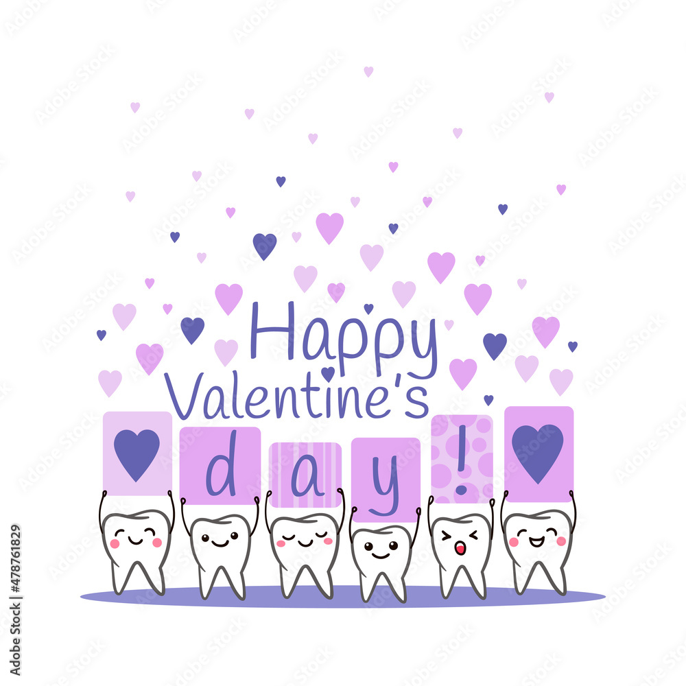 Teeth. Happy Valentine's Day. Poster with cute smiling cartoon teeth with hearts on a white background. Dental kids care banner.