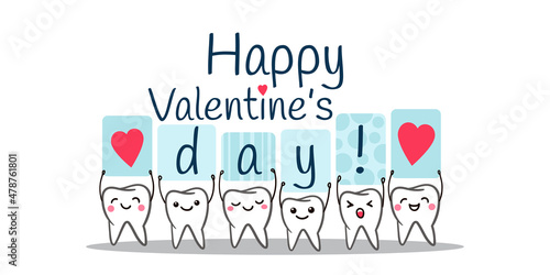 Teeth. Happy Valentine's Day. Poster with cute smiling cartoon teeth with hearts on a white background. Dental kids care banner. © Natallia