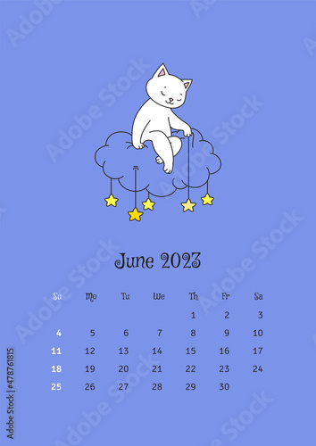 June 2023 calendar. Calendar template decorated with a cute white cat sitting on the cloud and putting the stars in the sky. Vector illustration 10 EPS.

