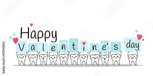 Teeth. Happy Valentine's Day. Poster with cute smiling cartoon teeth with hearts on a white background. Dental kids care banner. © Natallia