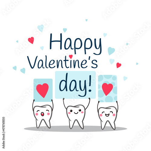 Teeth. Happy Valentine's Day. Poster with cute smiling cartoon teeth with hearts on a white background. Dental kids care banner.