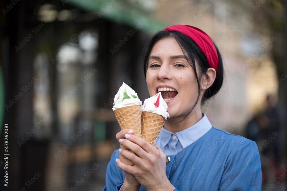 Woman eating ice cream. Happy day. Ice cream. Love girl. Background. Woman eating ice cream. Happy day. Ice cream. Love girl. Background.