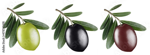 Fotografi Set of green, black and brown olives with leaves, isolated on white background