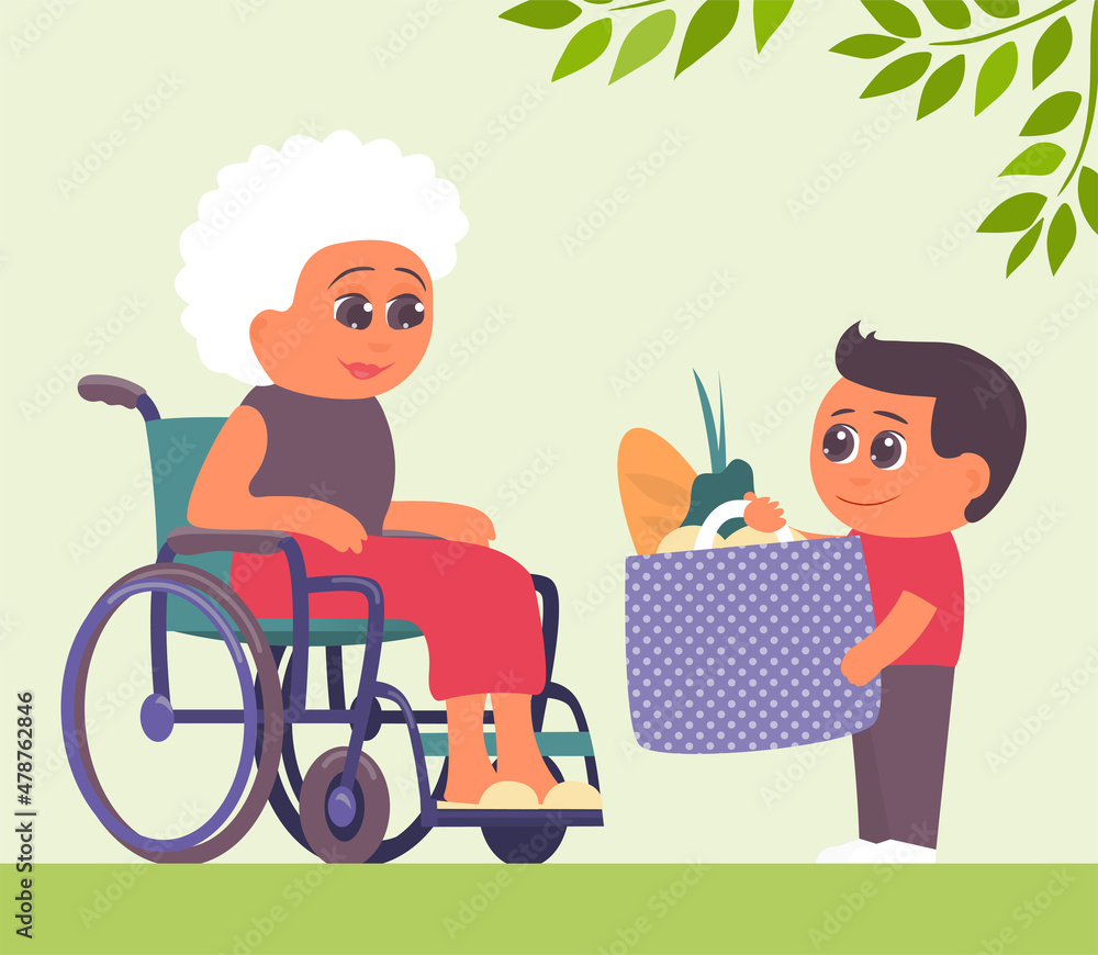 A little grandson brought food to his grandmother in a wheelchair. Caring for and helping the elderly. Family values. Vector cartoon illustration A little grandson brought food to his grandmother in a wheelchair. Caring for and helping the elderly. Family values. Vector cartoon illustration