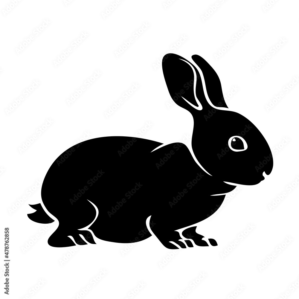 Obraz premium Black silhouette of a rabbit on a white background. Farm pet mammal. Decorative template for design. Vector isolated illustration