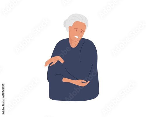 Elbow pain. Woman hit her elbow and is in unbearable pain. Mature lady holding elbow. Character with hand trauma, Muscular Inflammation, Rheumatism. Flat vector illustration. Physical injury