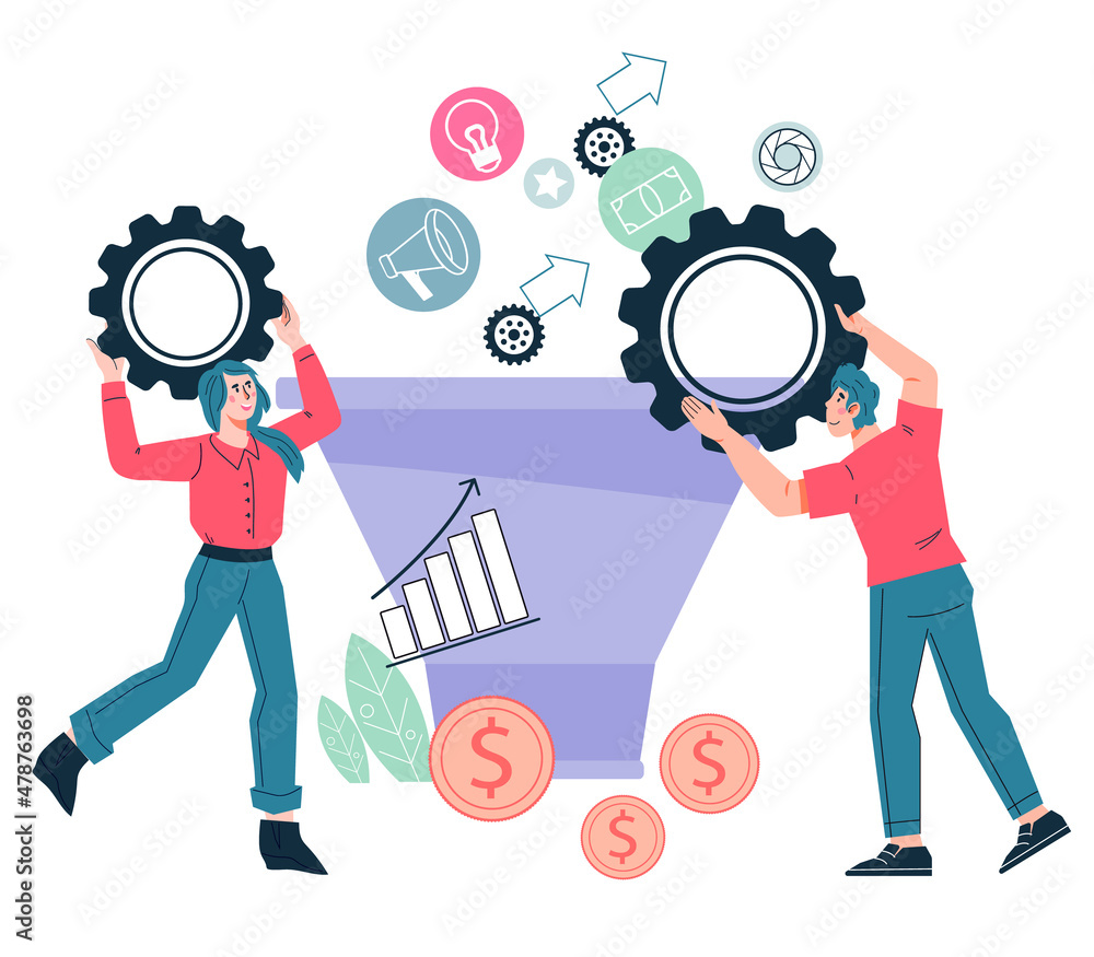 Sales funnel generation concept with business people characters ...