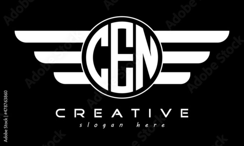 CEN three letter monogram type circle letter logo with wings vector template.