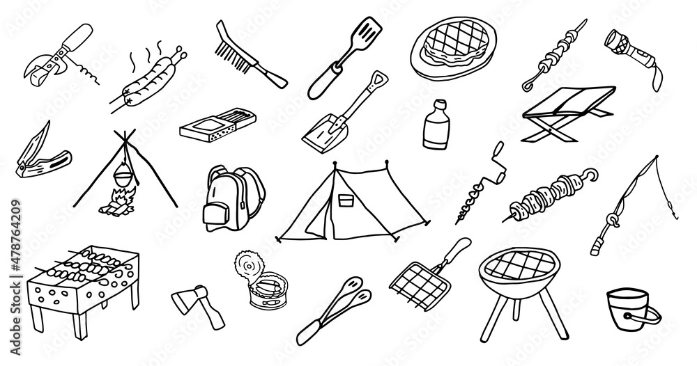 Camping set in doodle style. Hand drawn isolated vector illustration ...