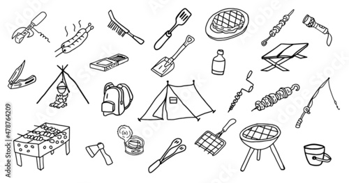 Camping set in doodle style. Hand drawn isolated vector illustration.