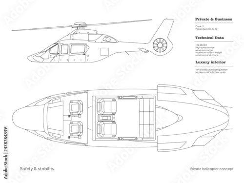 Outline private helicopter interior. Isolated cockpit blueprint. Top, side view of business vehicle. Cabin drawing. Modern transportation