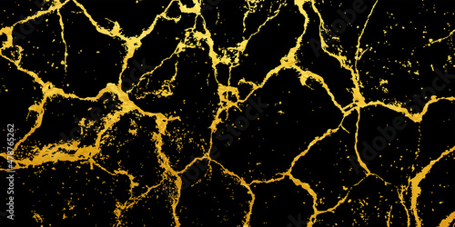 Gold vector grunge texture on the black background. Hand drawn illustration with gold texture. Cracks. Luxury template for cards, cover, poster, banner, flyer.