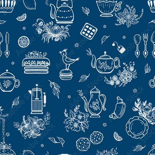 Vintage Toile Seamless Pattern with Tea Time Elements. Vector Floral Background with Hand Drawn Different Teapots, Food Sweet Desserts and Flower Bouquets. Breakfast Theme.