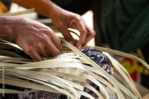 Close-up of the traditional weaving done by the indigenous  people using the bur rush plant leaves. Selective focus points