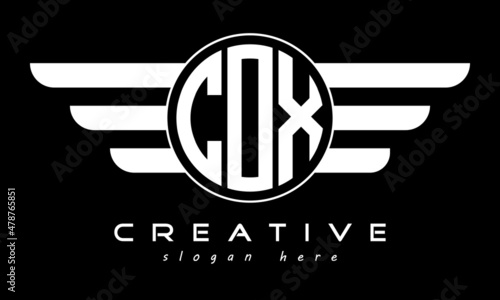 COX three letter monogram type circle letter logo with wings vector template.