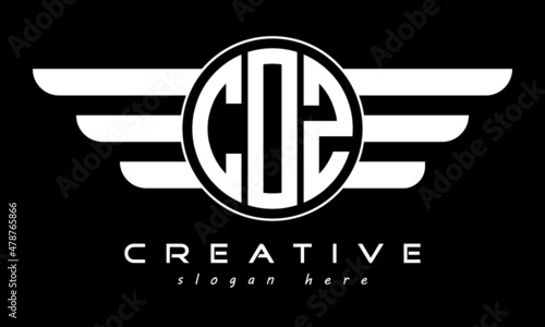 COZ three letter monogram type circle letter logo with wings vector template.