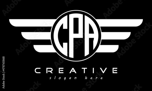 CPA three letter monogram type circle letter logo with wings vector template.