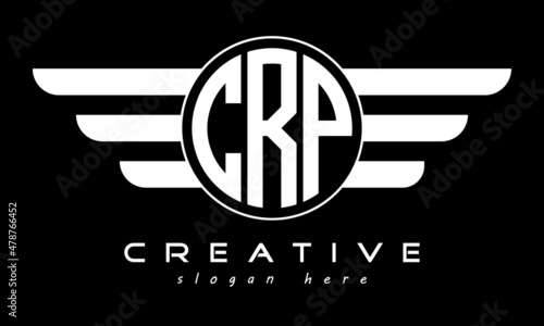 CRP three letter monogram type circle letter logo with wings vector template.