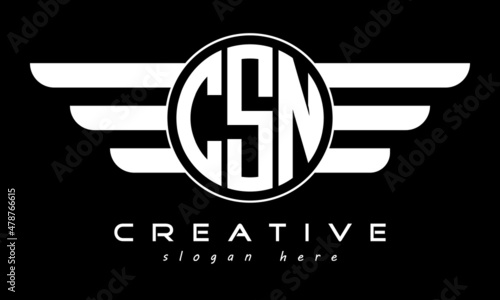 CSN three letter monogram type circle letter logo with wings vector template. photo