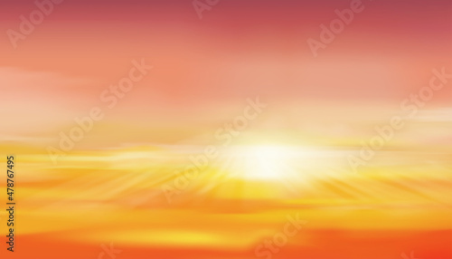 Sunrise in Morning with Orange,Yellow and Pink sky, Dramatic twilight landscape with Sunset in evening, Vector mesh horizon Skyline banner of Sunset or sunlight for four seasons background